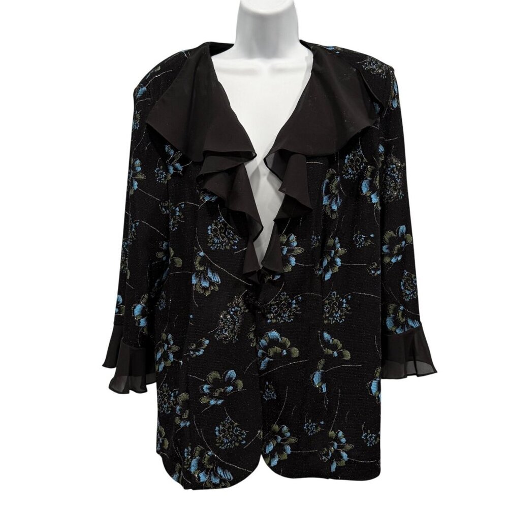 VTG Y2K 90s Alex Evenings Ruffle Floral Glitter Jacket Black Romantic Womens 2X